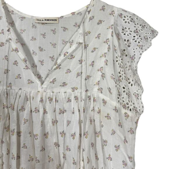 Ulla Johnson Mae Blouse 4 Floral Print Cotton Eyelet Cap Sleeve Top White Spring - Picture 3 of 6